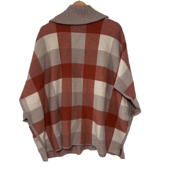 Tahari Rust/Grey Oversized Full Zip Plaid Poncho Sweater Size L/XL - Picture 2 of 5